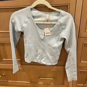 Free People Movement Light Blue Long Sleeve Waffle Knit Top